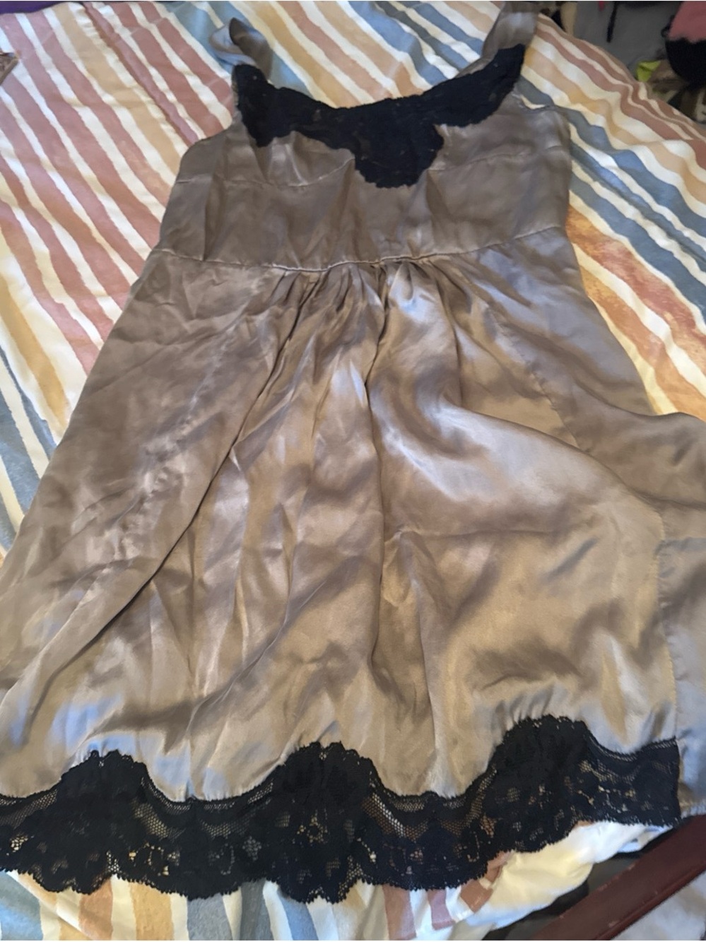 Twin-Set Taupe Satin Chemise with Black Lace Trim